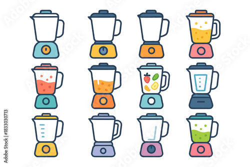 Colorful collection of twelve varied blenders with different contents.