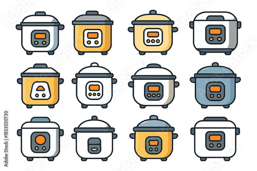 Collection of various rice cookers illustrations in different colors and styles.