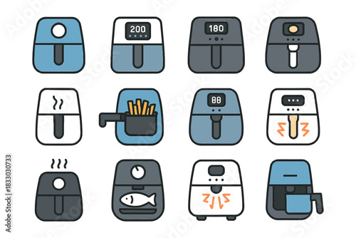 Collection of air fryer icons featuring various designs and functions.