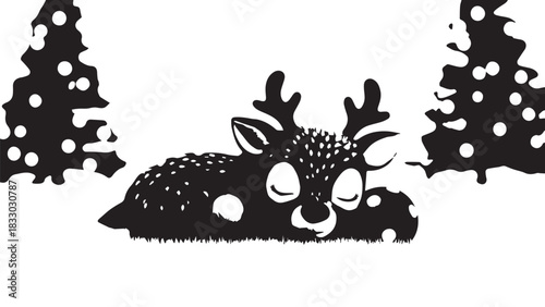 Peaceful Sleeping Deer in Winter Forest with Silhouetted Trees.