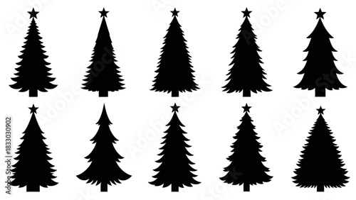Christmas tree silhouette clipart set. Black Christmas tree drawing clip art collection in white background for xmas season pine tree flat icon decoration vector 