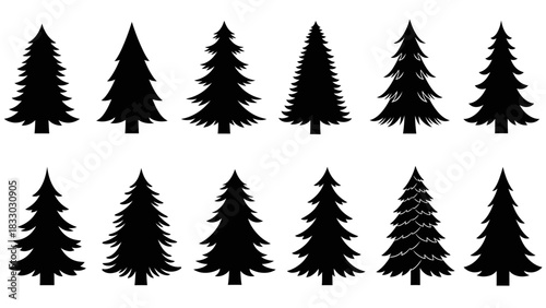 Christmas tree silhouette clipart set. Black Christmas tree drawing clip art collection in white background for xmas season pine tree flat icon decoration vector 