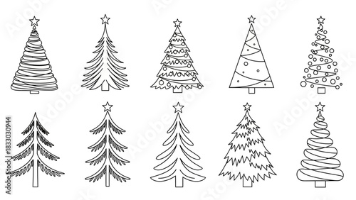 Christmas tree silhouette clipart set. Black Christmas tree drawing clip art collection in white background for xmas season pine tree flat icon decoration vector 