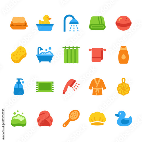 Flat vector icons set of colorful bathing and hygiene elements for bath, shower, and spa in cute modern style, depicting soap, towels, rubber ducks, and cleaning accessories on white.