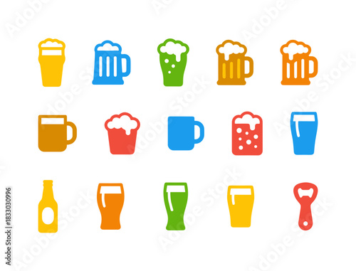 Flat vector icons set of colorful alcoholic beverage items including beer mugs, glasses, bottles, and bottle opener, representing bar culture, brewing, celebration, and pub drinks on white.