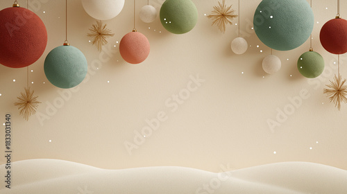 Festive Ornament Display: A serene holiday scene unfolds, adorned with elegant ornaments, radiating a warm, inviting atmosphere, perfect for seasonal celebrations and designs.