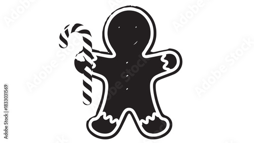 Sweet gingerbread man holding a striped candy cane in a festive holiday scene.