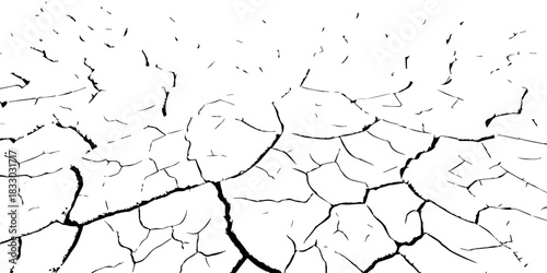 High-contrast cracked earth texture in black and white, showing dry, fractured soil patterns. Ideal for backgrounds, environmental concepts, drought themes, and vector texture design.