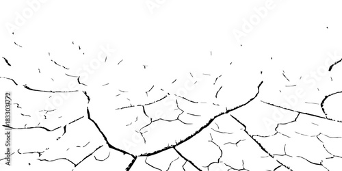 High-contrast cracked earth texture in black and white, showing dry, fractured soil patterns. Ideal for backgrounds, environmental concepts, drought themes, and vector texture design.