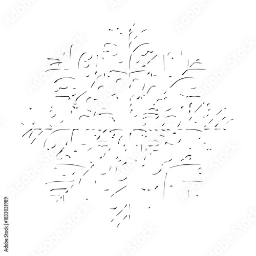 Intricate frosty snowflake design with delicate geometric branches and radial symmetry across a white backdrop.