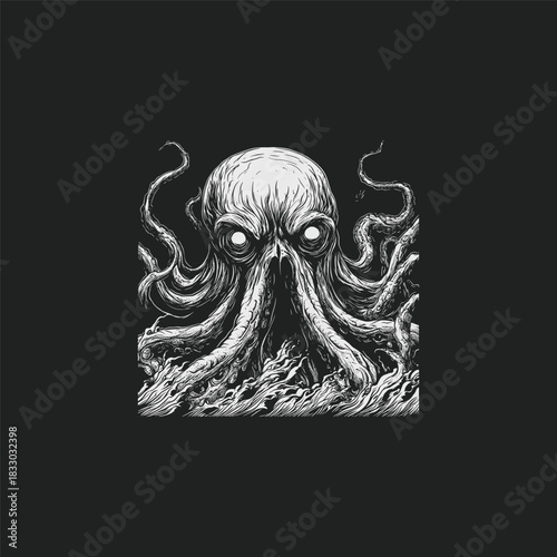 A terrifying, giant octopus or kraken emerging from the dark, stormy ocean waters, surrounded by crashing waves. Hand-drawn vintage engraving style vector illustration