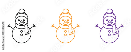 snowman silhouettes wearing top hats isolated on white background.Festive snowman icons wearing scarves in a cute linear design style.