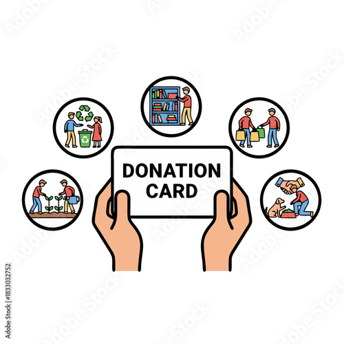 Hands Hold Donation Card Surrounded By Icons Representing Charity And Giving Back To Community And Environment