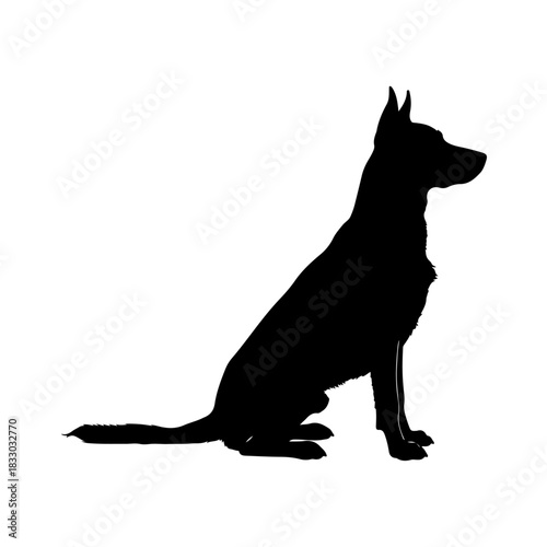 Black silhouette of a sitting dog isolated on transparent background