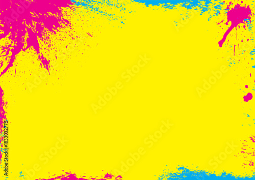 Vibrant background of pink and light blue paint splatters on a yellow background