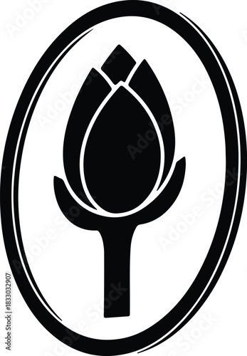 Illustration artichoke blossom silhouette in rounded frame vector