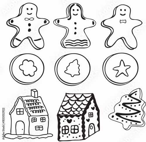 Hand drawn vector outline set of traditional homemade gingerbread cookies, including gingerbread men,women, tree,star cookies and gingerbread houses. Sweet baked goods food illustration 