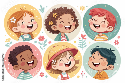 Happy kids avatars. Cute children smiling, boy girl in rounds vector set. Illustration girl and boy avatar, happy kids, child happiness