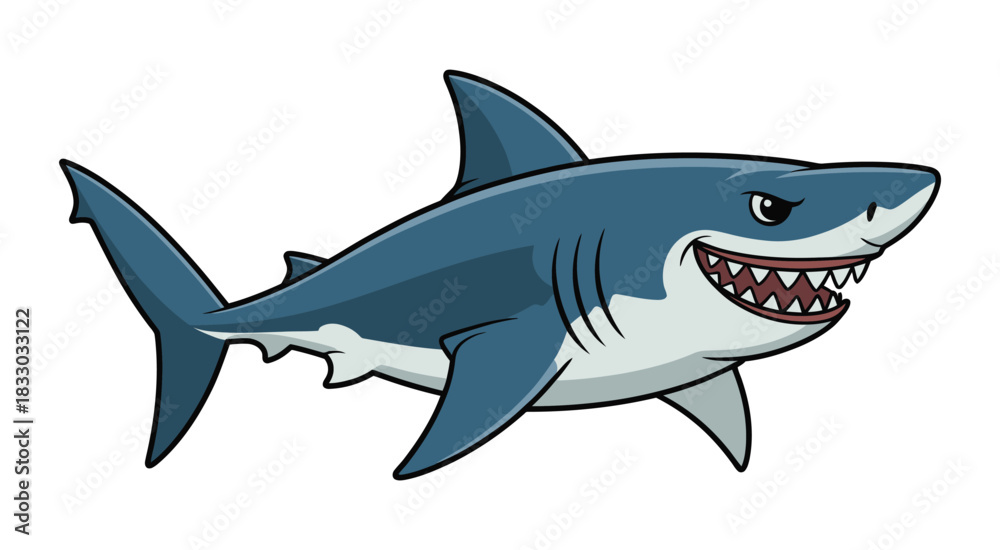 Fototapeta premium Aggressive cartoon shark vector illustration with sharp teeth and a menacing expression, isolated on white for bold ocean-themed creative design