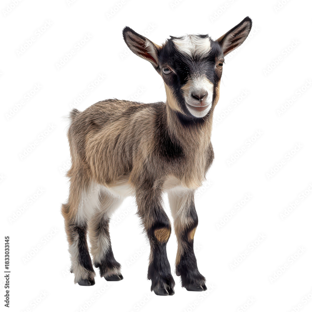 Fototapeta premium Small friendly goat standing in a bright space