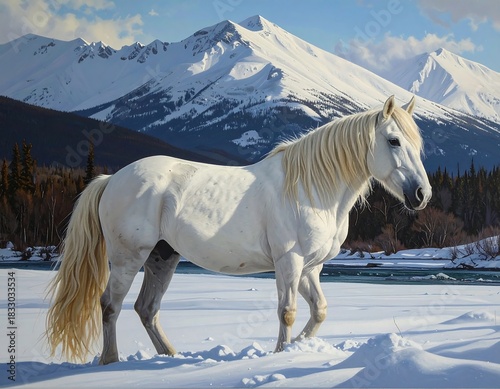 Majestic white horse standing calmly in a snowy landscape against mountains