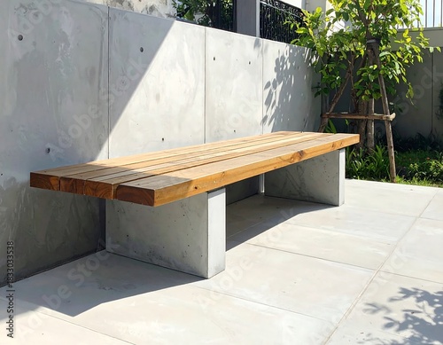 Modern outdoor wooden bench with concrete base against concrete wall and greenery