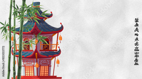 Stylized Asian Inspired Illustration Features A Pagoda With Bamboo Against A Textured Backdrop

