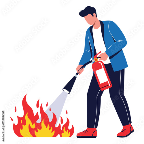 Man Using Fire Extinguisher to Stop Fire Emergency Safety Training