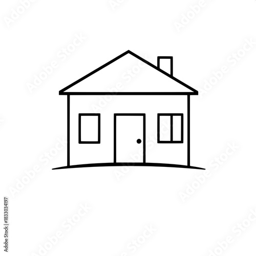 Modern logo-style house graphic, rendered in a purely black and white color scheme, featuring a sharply pitched roof with clean lines, minimalist window shapes as simple rectangles, and a basic door s