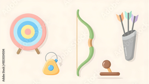 Archery equipment, including a target, bow, arrows in a quiver, and a ball on a stand, depicted in a flat, playful illustration style