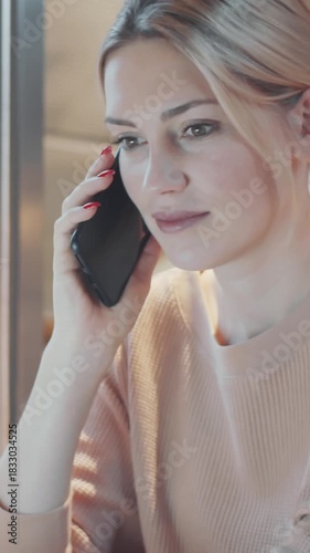 Vertical shot of friendly young business lady wearing casual outfit making phone call during workday in office