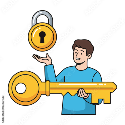 Man holding giant key and padlock Security solution concept