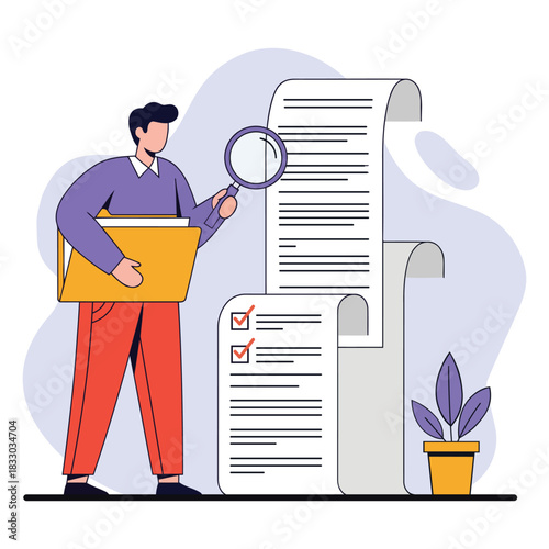 Man Examining Long Checklist Document Verification Vector Illustration