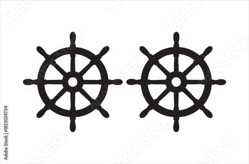 Two black ship wheels presented side by side on a white background