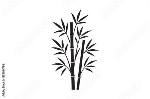 A simple black and white illustration of several bamboo stalks and leaves
