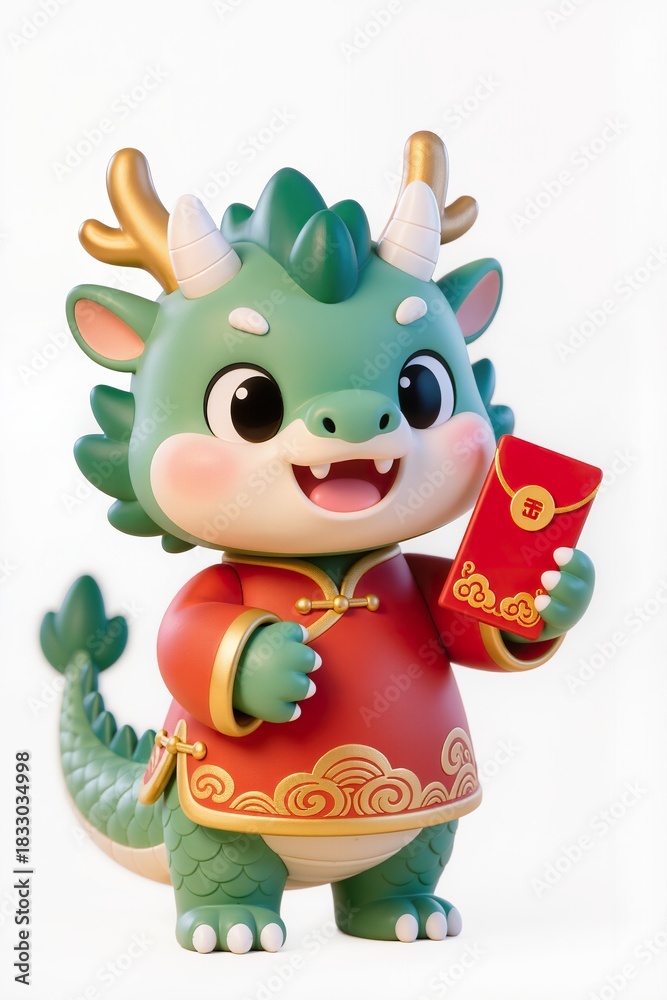 Naklejka premium Cute chibi Chinese dragon baby wearing festive gold-trimmed robe, holding red envelope, adorable expression, glossy toy figurine style, isolated on pure white background