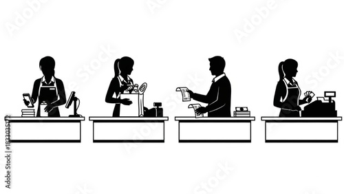 Cashier Silhouette Vector Set — Scanning Items, Packing Bag, Giving Receipt, Counting Money, Retail Worker Illustration

