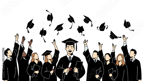 Graduation Celebration Group of Graduates Tossing Caps in the Air, Happy Graduates