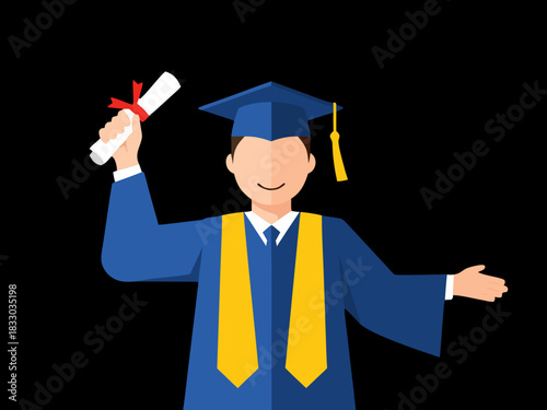 Joyful graduate student celebrates academic success, holding a diploma in cap and gown, symbolizing achievement and a bright future in higher education