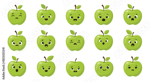 Diverse collection of fifteen green cartoon apple characters displaying a wide range of emotions and expressive facial features.