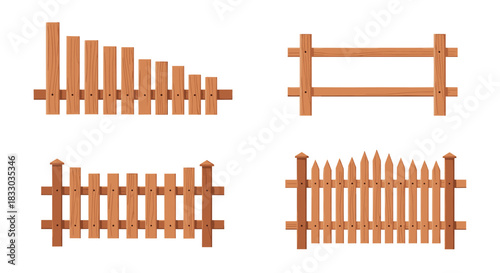 Collection of four distinct wooden fence designs, showcasing various styles from picket fences to rural rail fences.
