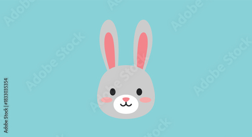 Adorable cartoon rabbit head illustration with a sweet smile and rosy cheeks, set against a cheerful light blue background.