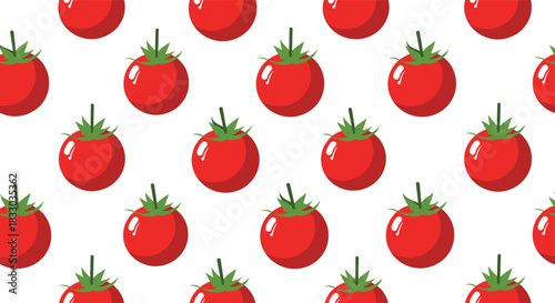 Bright seamless pattern featuring vibrant red tomatoes with green stems, creating a fresh and repeating food themed background.