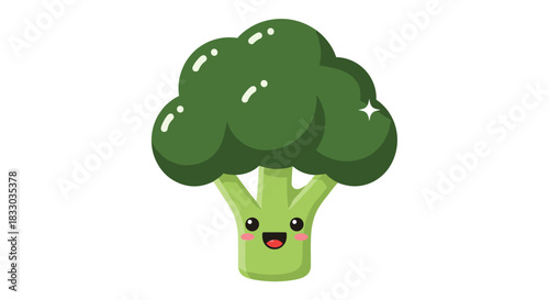 Adorable cartoon broccoli floret illustration with a happy smiling face, symbolizing healthy eating and cheerful vegetables.