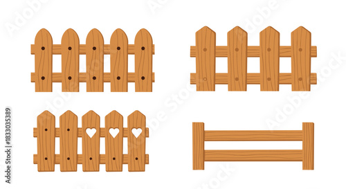 Collection of four classic brown wooden fence designs, showcasing various picket styles, with some featuring charming heart cutouts.