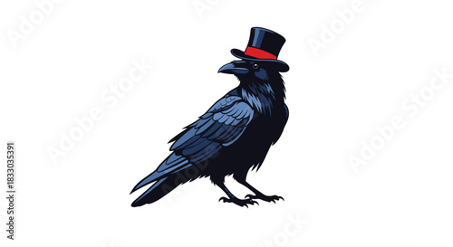 Elegant black raven illustration wearing a sophisticated black top hat with a red ribbon, isolated on a crisp white background.
