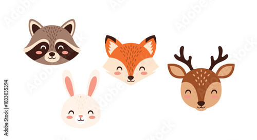 Adorable collection of four cartoon woodland animal faces, including a raccoon, fox, rabbit, and deer, on a white background.