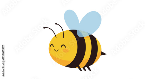 Adorable cartoon bumblebee illustration with translucent blue wings and a cheerful smiling face, flying happily.