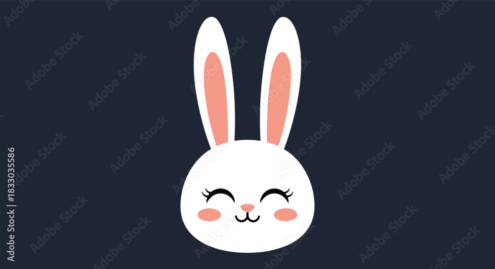 Obraz premium Cute and simple white rabbit face with long ears, eyelashes, and a happy expression on a dark background. This adorable bunny illustration is perfect for Easter greetings or minimalist nursery art.