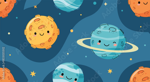 Whimsical seamless space pattern featuring cute cartoon planets with smiling faces and yellow stars on a dark blue background. This adorable galaxy design is perfect for a children's bedroom.